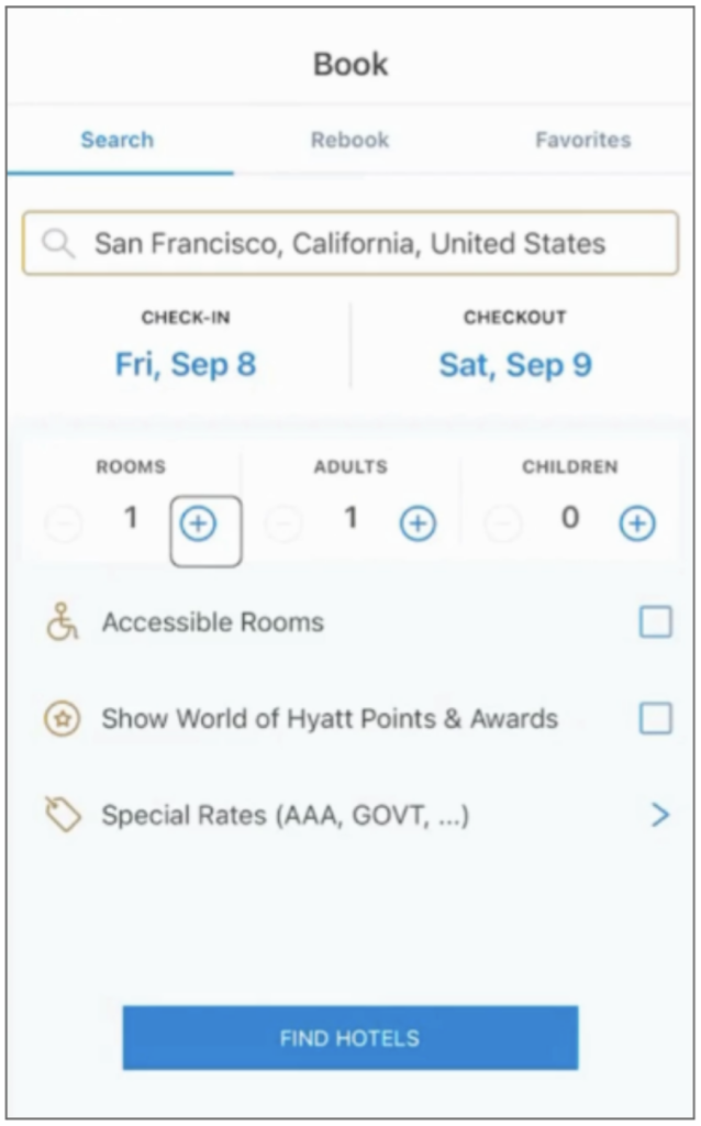 Hyatt app booking screen