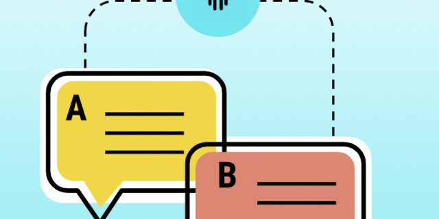 Two cartoony and colorful chat bubbles connected with a digital voice icon.
